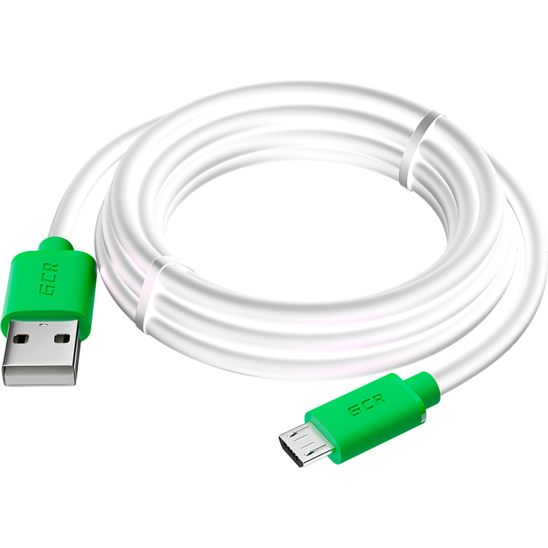 GCR Кабель 3.0m MicroUSB, белый, зеленые коннекторы, быстрая зарядка, 28/24 AWG, GCR-53229