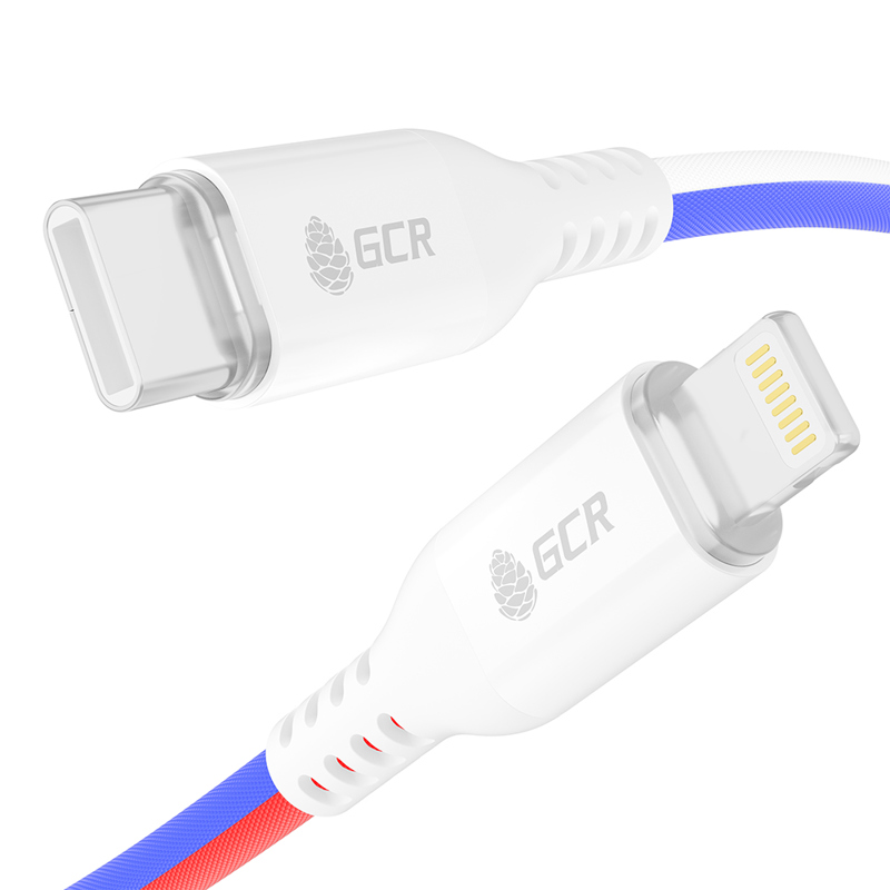 GCR Кабель 1.0m TypeC/Lightning MFRi POWER DELIVERY 18 W, быстрая зарядка, ТРИКОЛОР Россия, AL case белый, белый