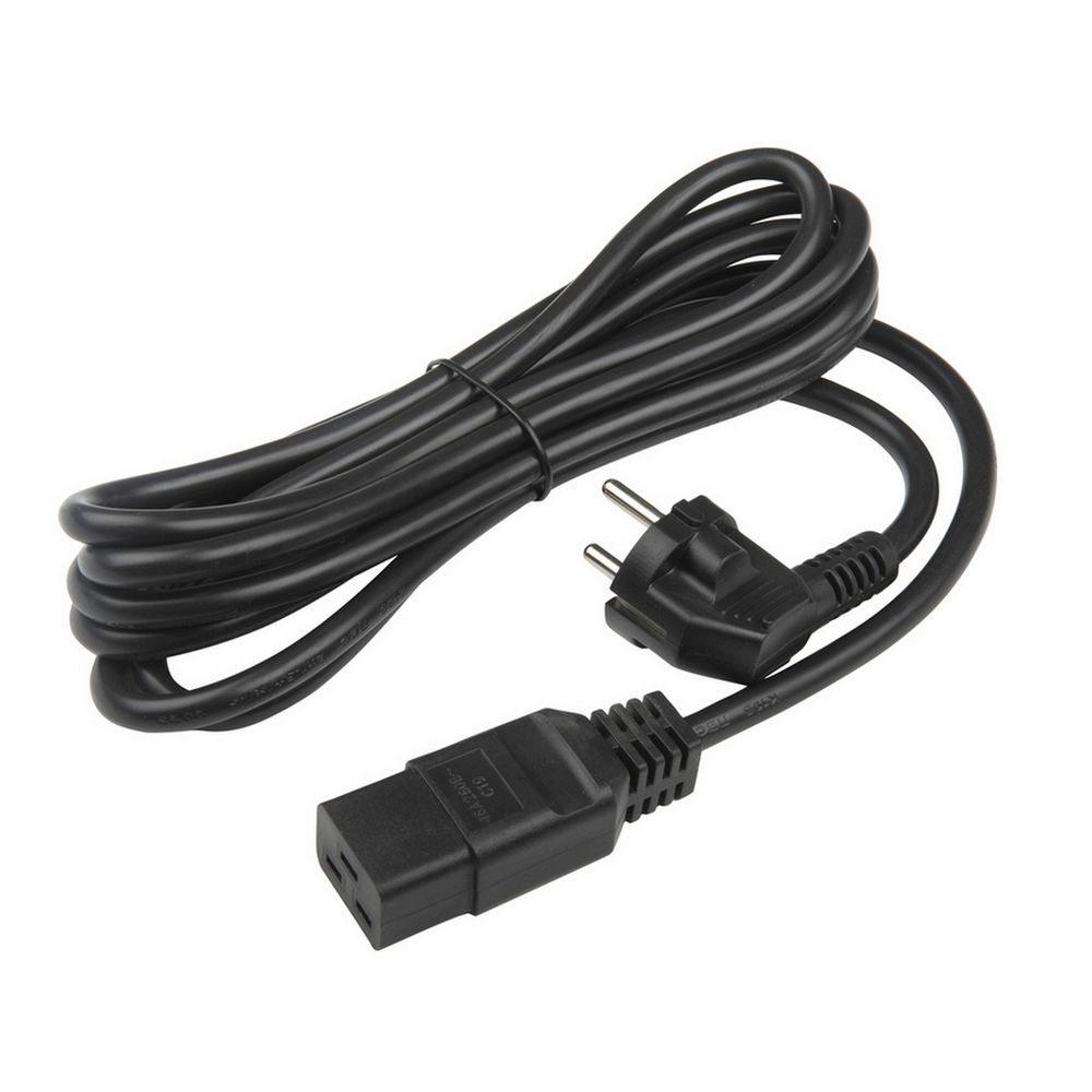 Сетевой кабель Hyperline PWC-IEC19-SHM-5.0-BK Кабель питания (Schuko+C19) (3x1.5), 16A, угловая вилка, 5м, цвет че