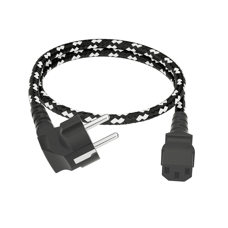GCR Кабель питания 2.0m, евровилка угловая Schuko - С13, текстиль, черно-белый, 3*0,75mm
