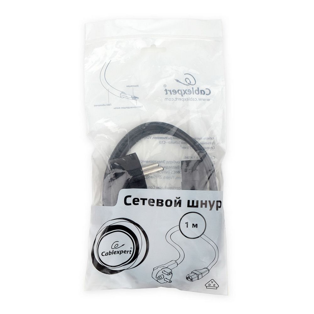 Кабель Cablexpert Кабель питания Cablexpert PC-186-VDE-1M 1м, Schuko- C13, VDE, 10А, черный, с заземлением, пакет (27208