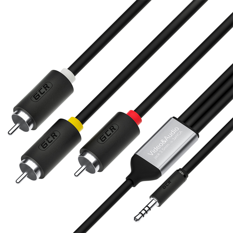 GCR Кабель-переходник 1.0m аудио jack 3,5mm / 3 х RCA, черный, GCR-53202